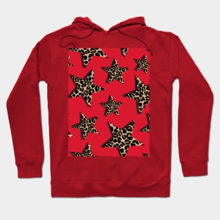 Leopard Print, Stars, on Red Hoodie